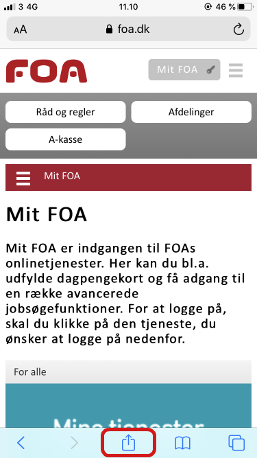 Screenshot fra en Iphone. Del-funktionen er fremhævet.